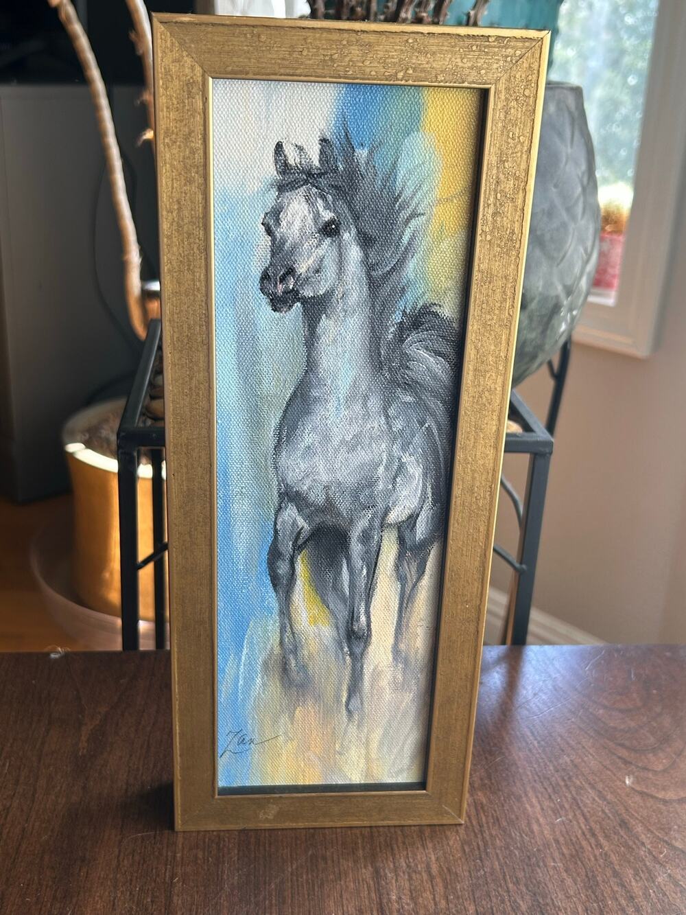 Running Horse original oil painting white horse on canvas 13x5”